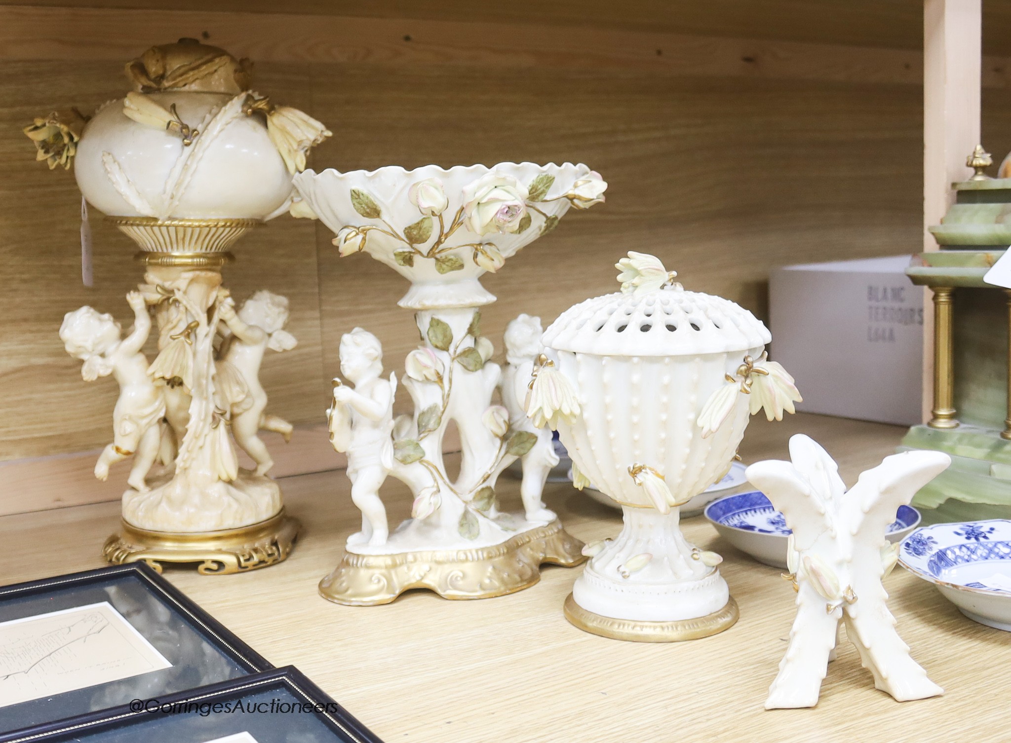 A group of Moore Bros porcelain including a lamp, centrepiece etc